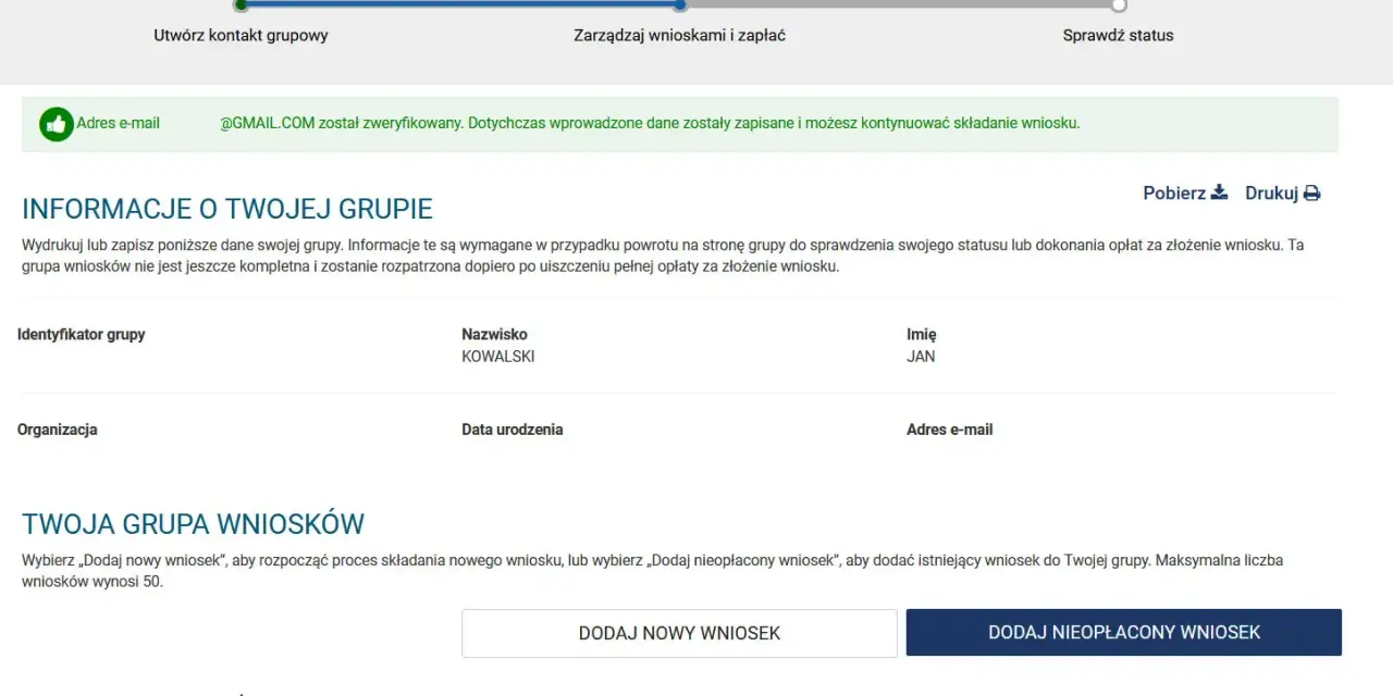 Informacje o grupie wniosków, nazwisko Kowalski, imię Jan. Możesz dodać nowy wniosek lub nieopłacony. Ta strona pokazuje, esta jak wypełnić.