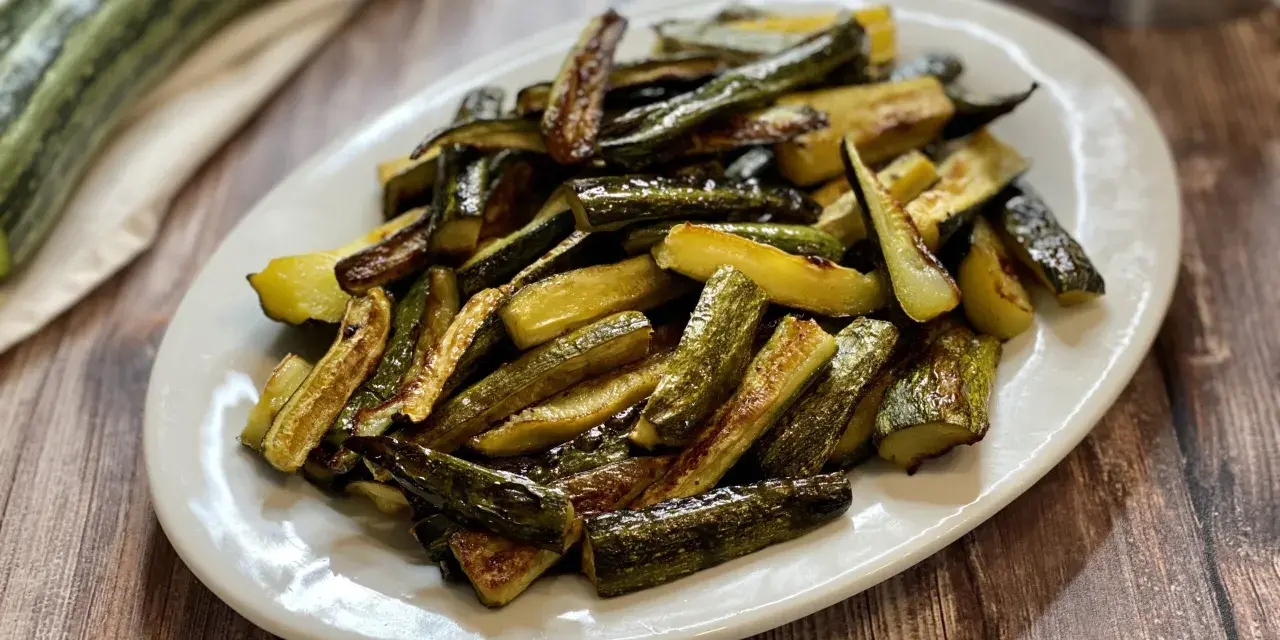 Zucchine al forno dorate e saporite, tagliate a bastoncini e servite su un piatto bianco.