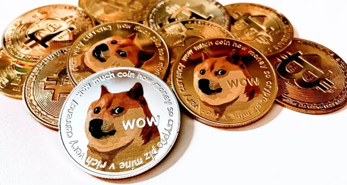 Kryptowaluta Doge w postaci złotych i srebrnych monet, z wizerunkiem psa Shiba Inu i napisem "WOW".