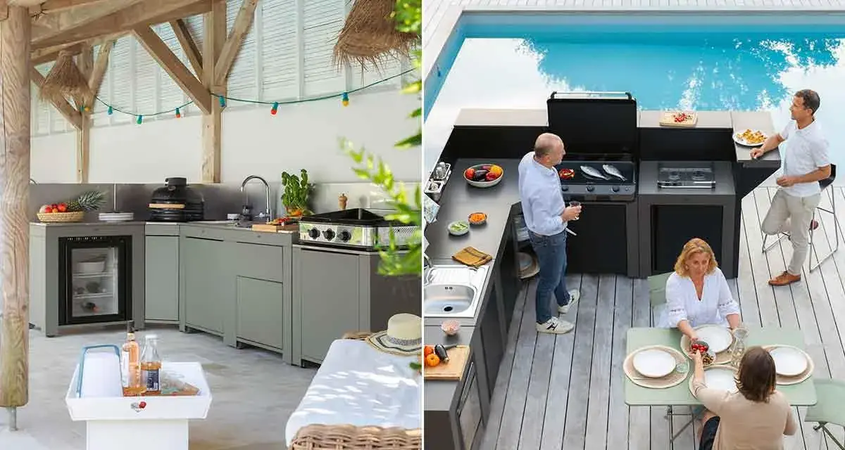 Deux cuisines d'été fait maison : une sous un auvent en bois, l'autre près d'une piscine avec des gens qui préparent un repas.