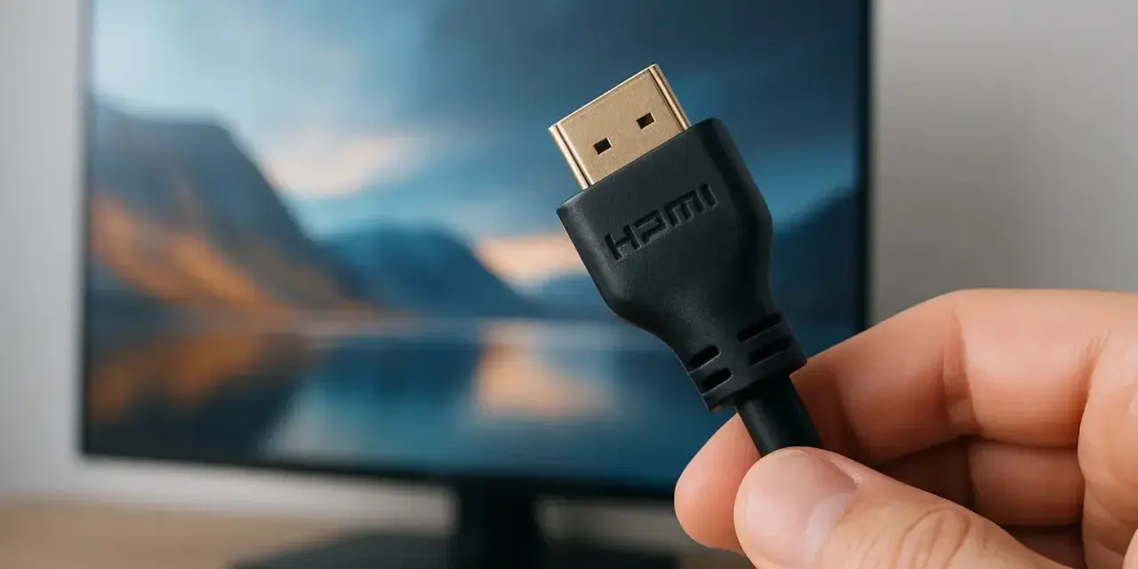 En hand håller en svart hdmi kabel 3 meter framför en datorskärm med en naturbild.