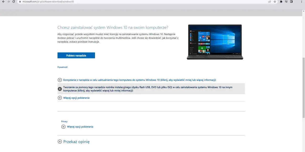 Narzędzie do tworzenia nośnika instalacyjnego Windows 10, umożliwiające przygotowanie pendrive boot.