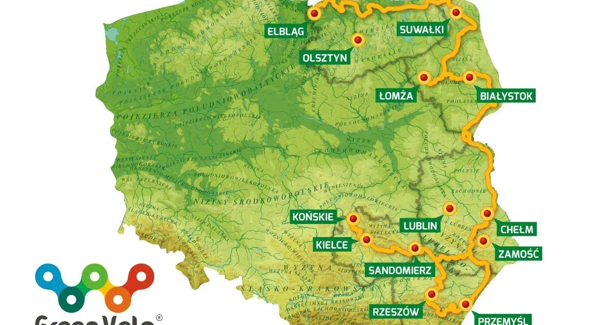 Mapa Polski z zaznaczonym szlakiem rowerowym Green Velo. Trasa prowadzi przez malownicze tereny, w tym okolice Świętokrzyskie.