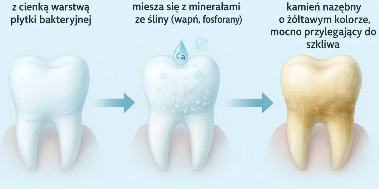 Proces powstawania kamienia nazębnego: od czystego zęba, przez mineralizację płytki, aż do żółtego, twardego kamienia. Kamień nazębny sam odpada? Nie, wymaga leczenia.