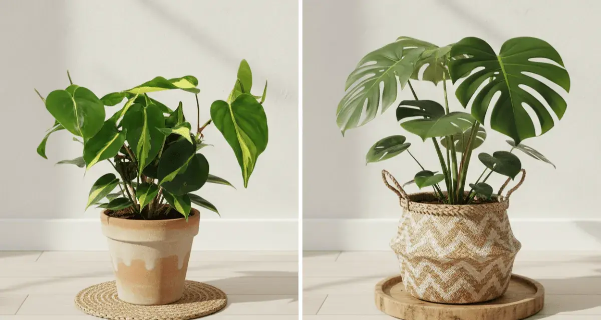 Dwie rośliny doniczkowe: po lewej filodendron z liśćmi w zielono-żółte pasy, po prawej monstera deliciosa. Różne monstera odmiany.