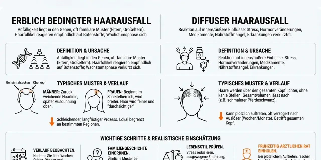 Infografik vergleicht erblichen und **diffusen Haarausfall**. Ersterer ist genetisch bedingt, letzterer eine Reaktion auf Stress, Hormone etc.