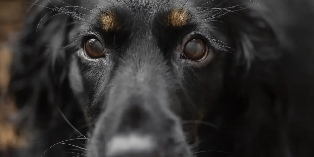 Occhi di un cane nero, con un'espressione che suggerisce un'intensa paura dei cani.