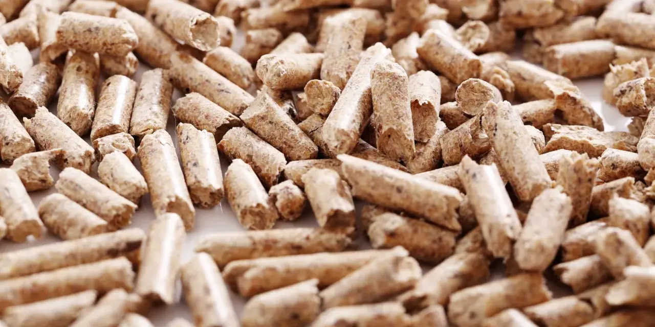 Montón de pellets de madera, un combustible ecológico. Estos pequeños cilindros de serrín comprimido son una alternativa sostenible para la calefacción.