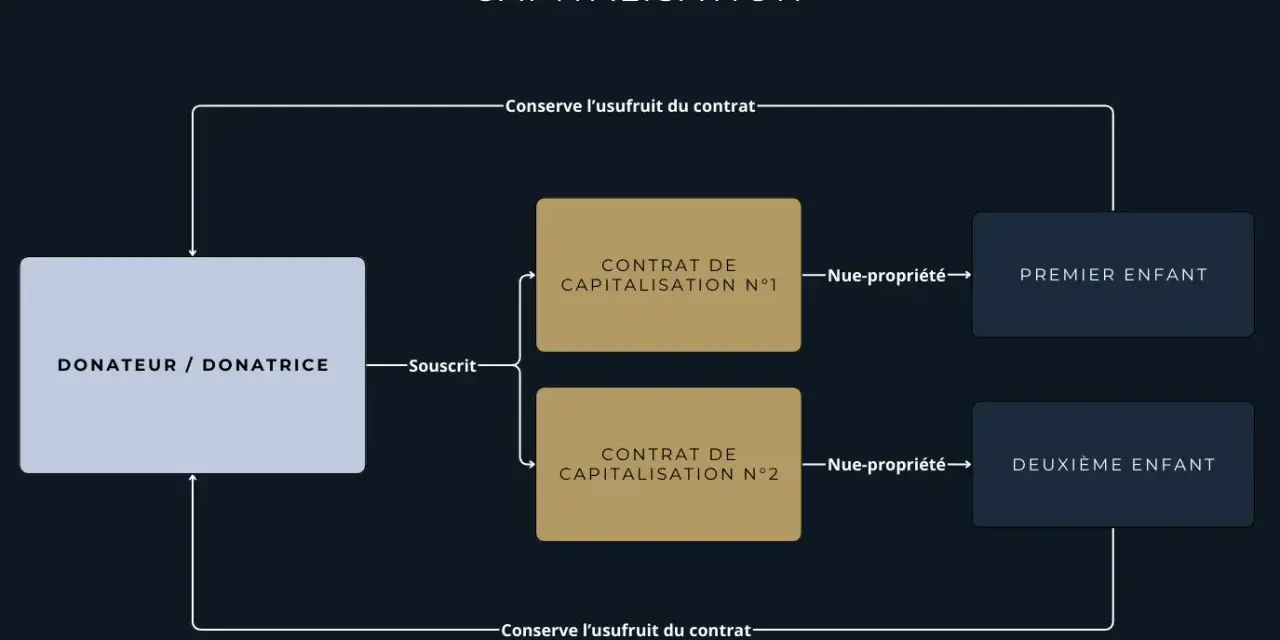 Schéma de donation et démembrement d'un contrat de capitalisation. Le donateur conserve l'usufruit, tandis que la nue-propriété de deux contrats est transmise aux enfants.