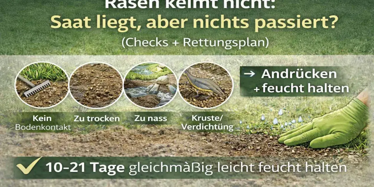 Rasen keimt nicht: Saat liegt, aber nichts passiert? Prüfe Bodenkontakt, Feuchtigkeit & Verdichtung. Andrücken & feucht halten!