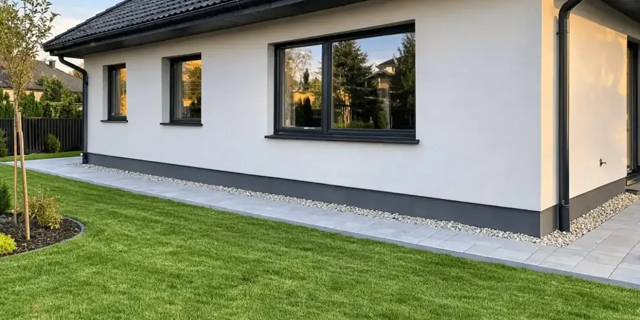 Nowy dom z białym tynkiem i czarnym dachem. Wokół domu ścieżka z płyt i zielona trawa. To najtańsza opaska wokół domu, która dodaje uroku.