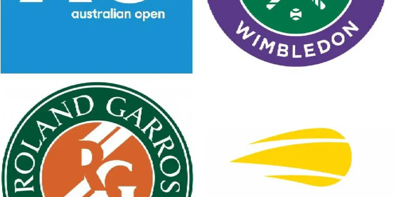 Logos de los cuatro torneos de Grand Slam: Australian Open, Wimbledon, Roland Garros y US Open.