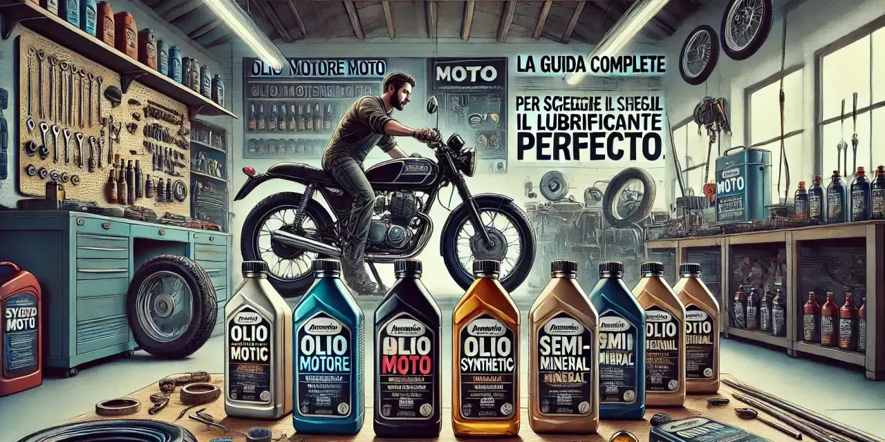 Officina con moto, attrezzi e una fila di oli motore, tra cui olio sintetico, per scegliere il lubrificante perfetto.