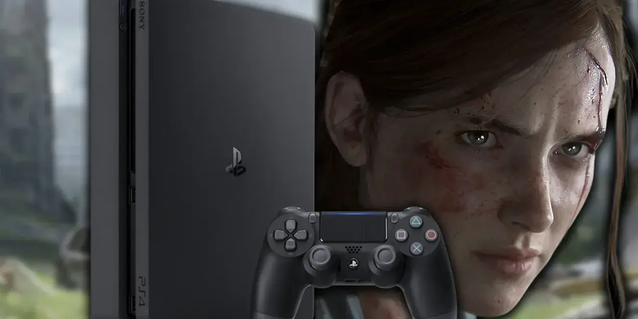 Ellie, con heridas visibles, mira fijamente mientras un mando de PS4 y la consola se colocan delante de ella, evocando la intensidad de the last of us serie.