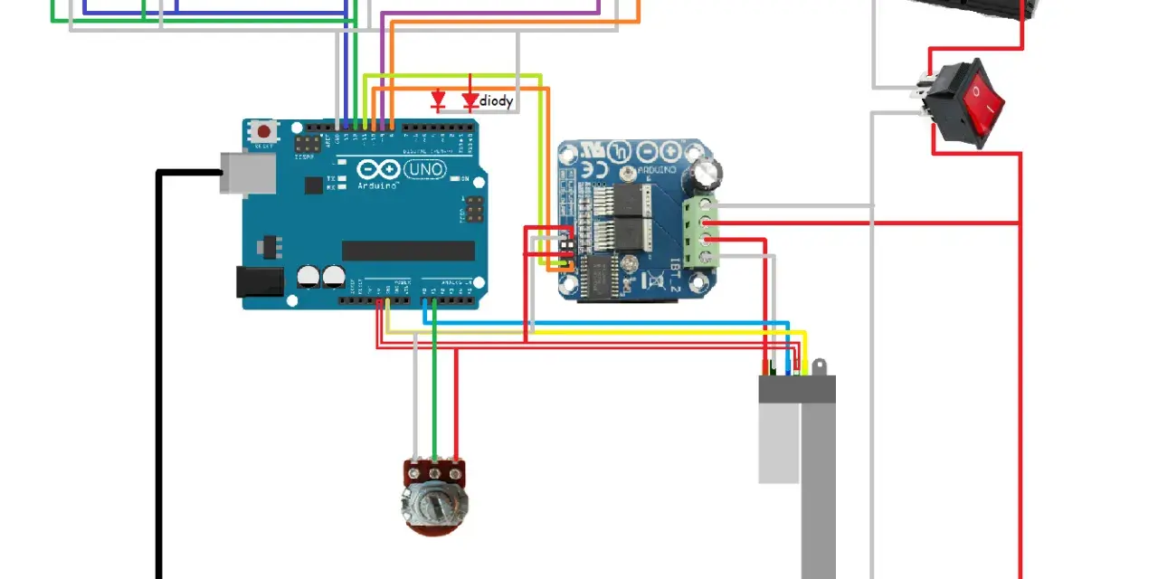 Schemat połączeń Arduino z elementami sterującymi: przełączniki, diody, silnik, akumulator.