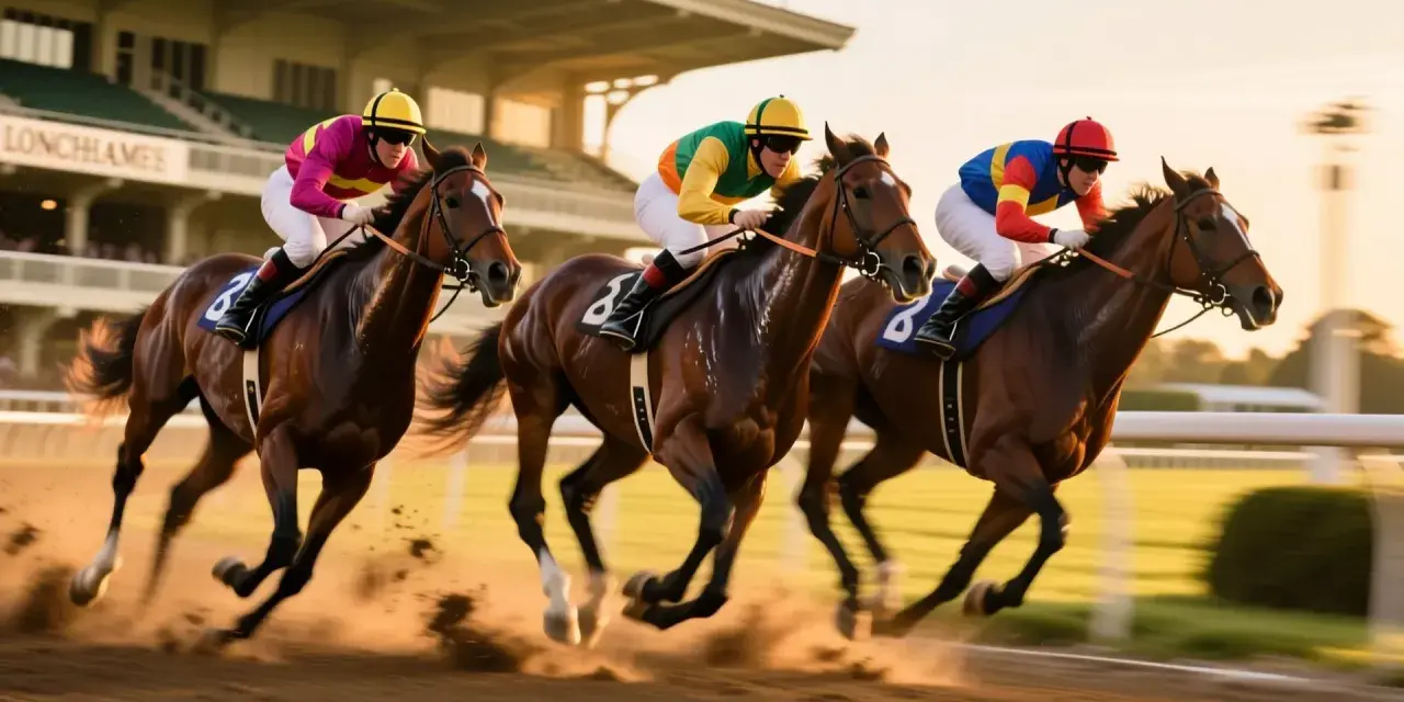 Trois jockeys colorés mènent une course de chevaux intense. Les sabots soulèvent la poussière, un spectacle captivant pour les amateurs de statistique hippique.