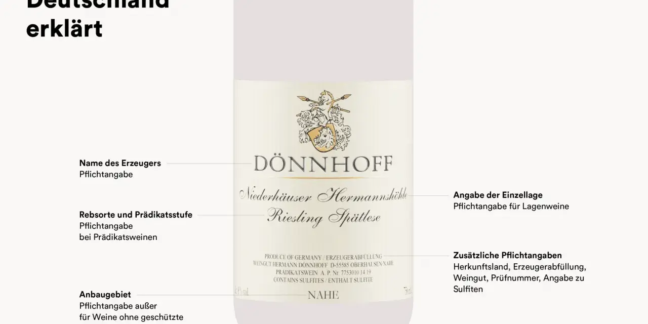 Erklärung deutscher Weinetiketten: DÖNNHOFF Riesling Spätlese, Niederhäuser Hermannshöhle. Hier lernt man, wie man ein Weinetikett lesen kann.
