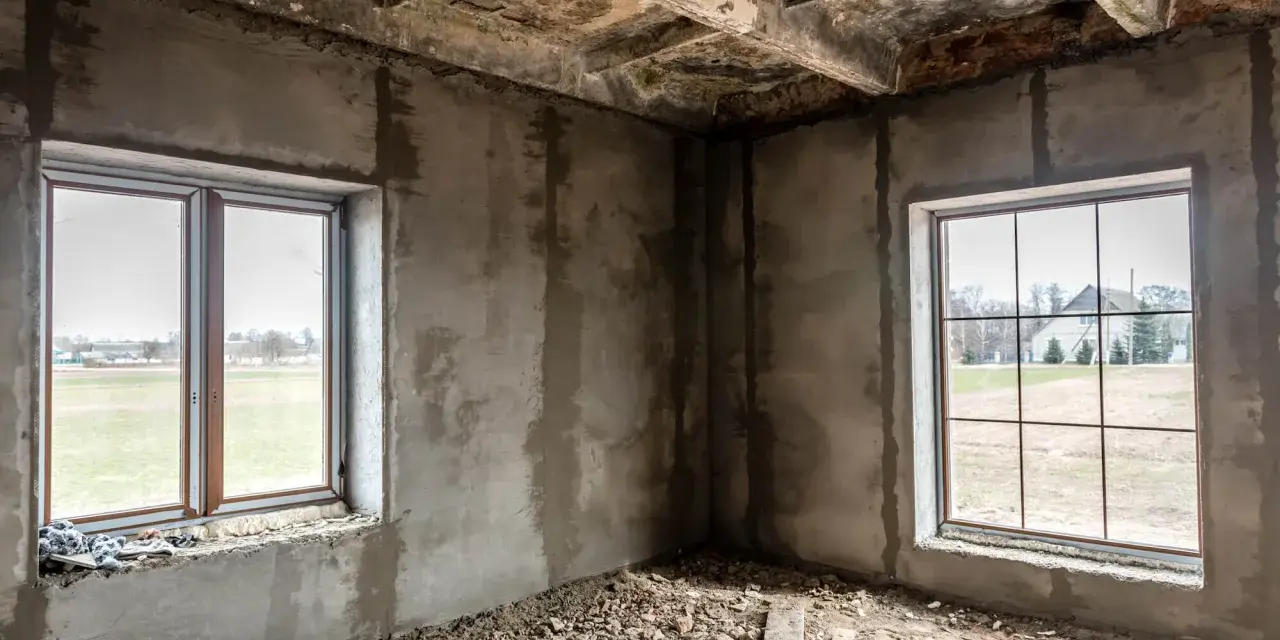 Wnętrze w budowie, dwa okna wychodzą na pola. Odległość okna od granicy działki i zgoda sąsiada to kluczowe kwestie przy planowaniu.