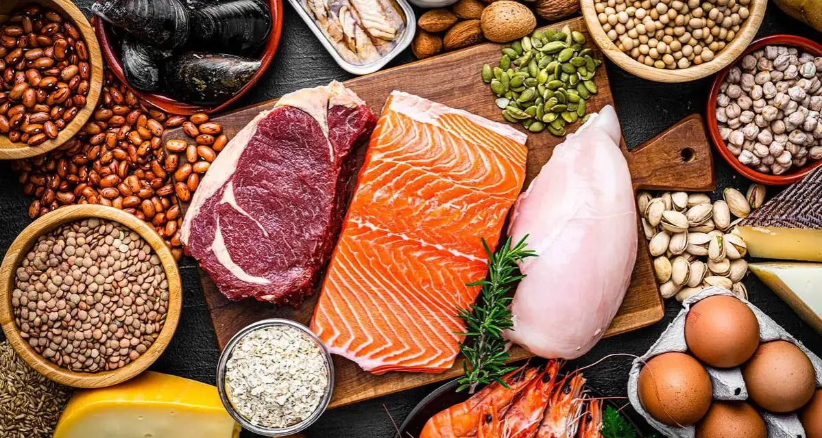 En mångfald av proteinkällor: biff, lax, kyckling, räkor, ägg, nötter, frön, bönor, linser och ost. Bra för att veta hur mycket protein per dag.