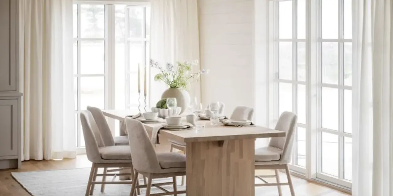 Ljust och luftigt kök med ett träbord dukat för middag. Inspiration dekoration matbord med en stor vas med blommor och ljus.