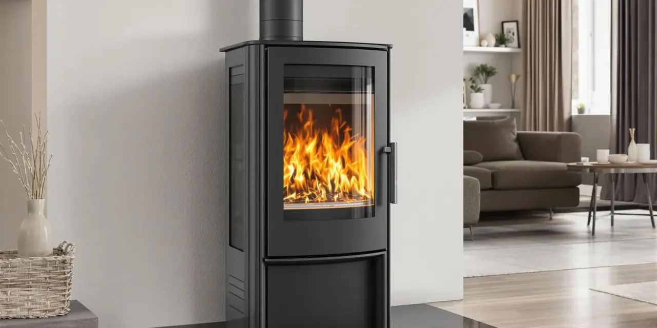 Poêle à bois étanche moderne avec une grande vitre laissant admirer les flammes dans un salon cosy.