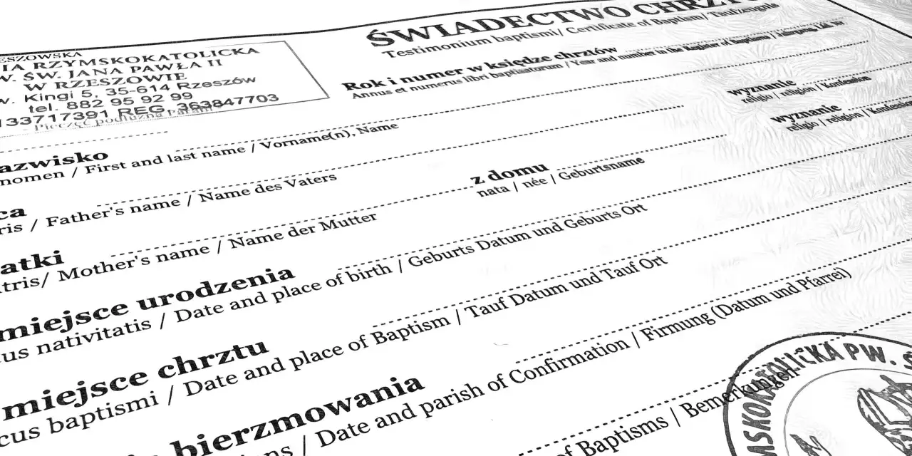 Świadectwo chrztu, dokumenty do chrztu bez ślubu. Wpisane dane rodziców, daty i miejsca urodzenia oraz chrztu.