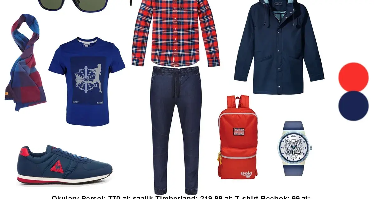 Modne połączenia kolorów: granatowa kurtka, czerwono-niebieska koszula w kratę, niebieski t-shirt i szalik, czerwony plecak.