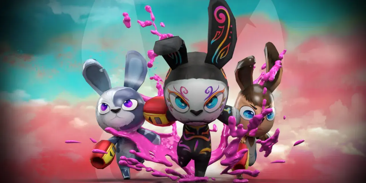 Tres conejos con guantes de boxeo, salpicados de pintura rosa, listos para la acción como "bunny raiders".
