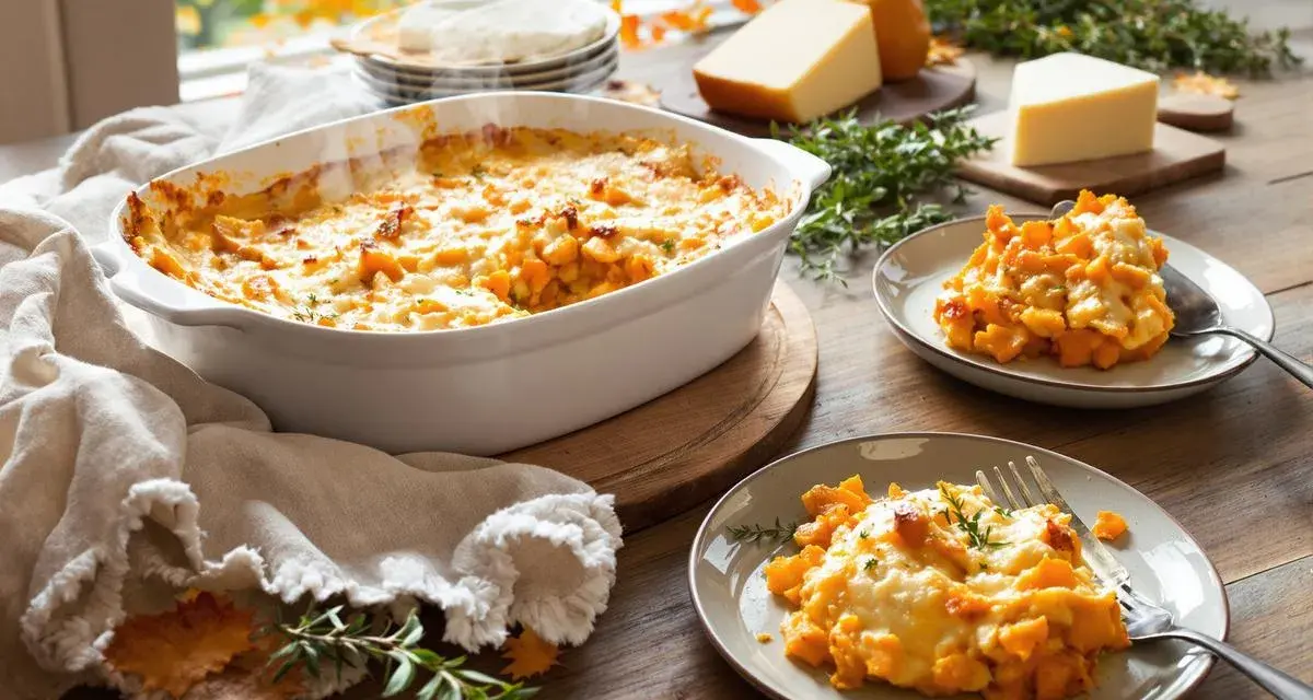 Un délicieux gratin patate douce, doré et gratiné, servi dans un plat blanc et sur deux assiettes. Parfait pour un repas d'automne.