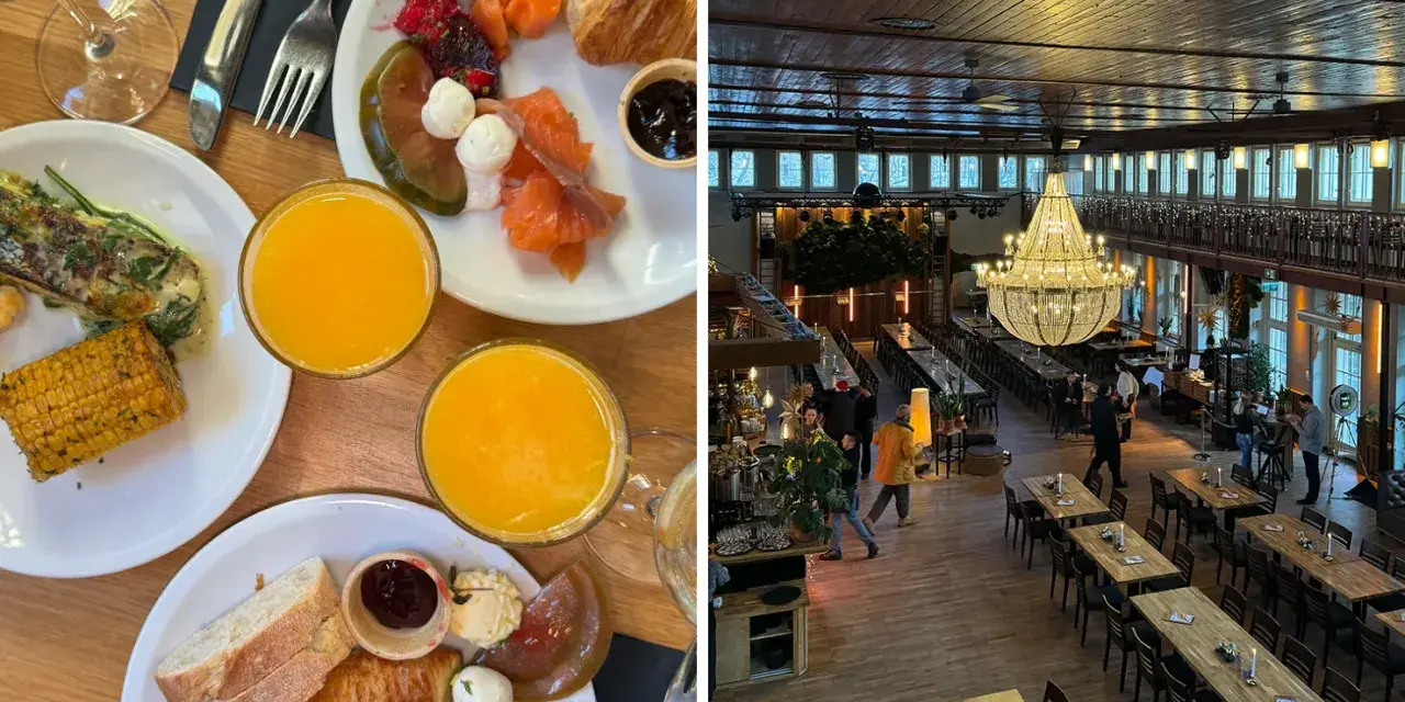 Frühstück mit Lachs und Orangensaft, daneben ein großer Speisesaal mit Kronleuchter – tolle berlin foodspots.