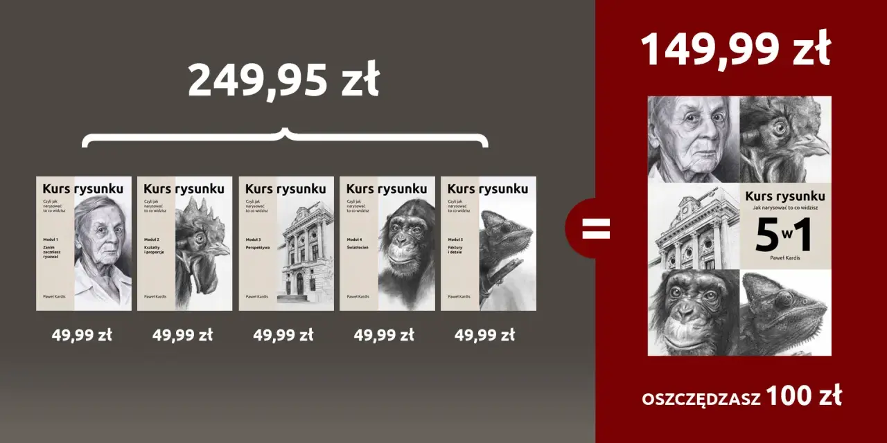 Pięć modułów kursu rysunku w promocji. Zestaw 5w1 za 149,99 zł zamiast 249,95 zł. Oszczędzasz 100 zł.