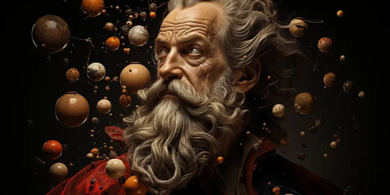 Retrato de un anciano sabio con barba, rodeado de esferas que evocan el cosmos, como en la biografía de Galileo Galilei.