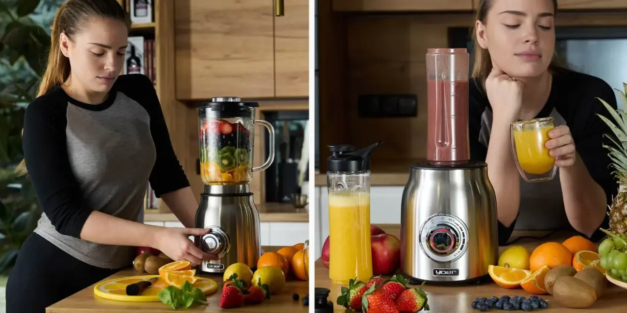 Kobieta przygotowuje smoothie w blenderze kielichowym, pokazując, co można zrobić w blenderze kielichowym: zdrowe napoje z owoców.