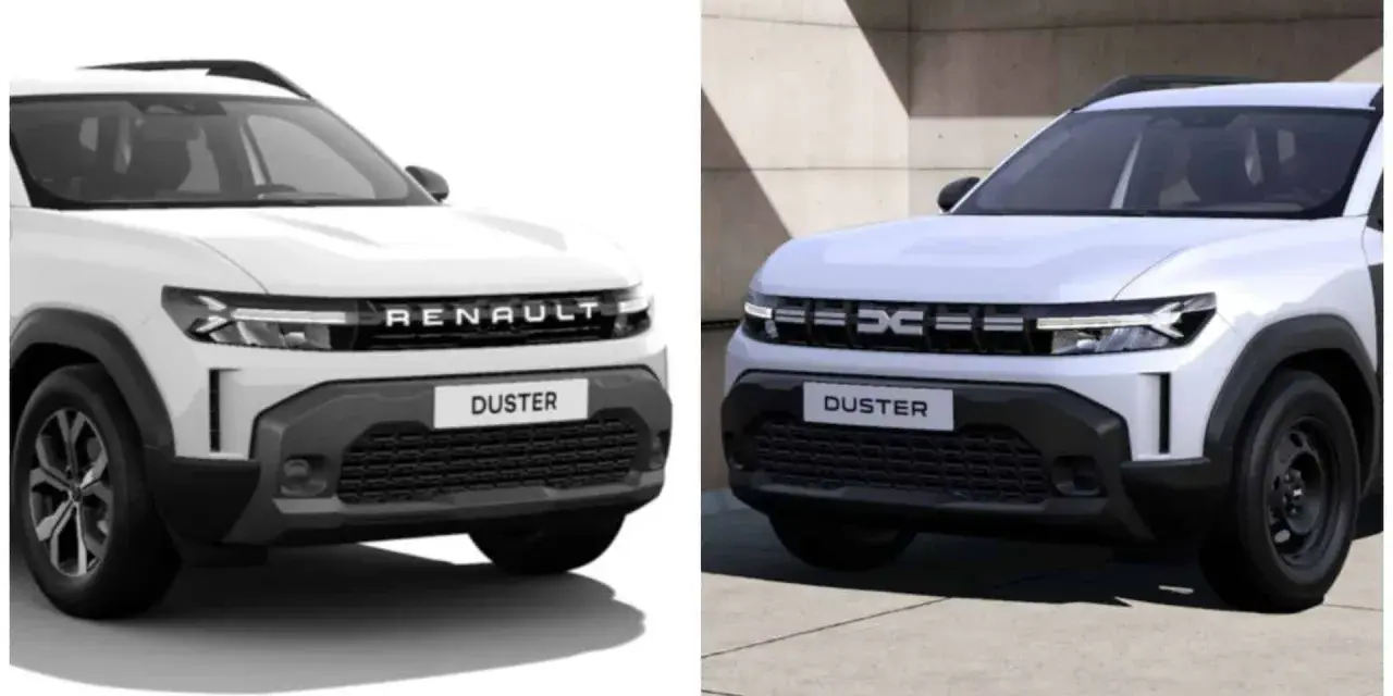 Dwa białe SUV-y, jeden z napisem RENAULT, drugi z logo Dacia, oba z nazwą DUSTER.