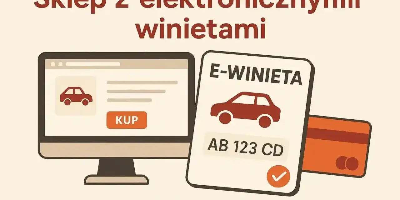 Sklep z e-winiety Czechy gdzie kupić. Komputer z przyciskiem "KUP", e-winieta z numerem rejestracyjnym i karta płatnicza.