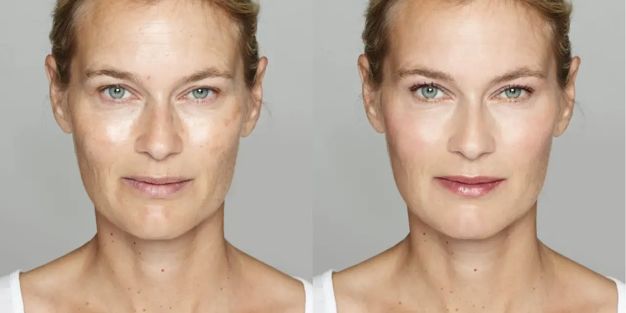Before and after of a woman's face. The left side shows signs you are aging poorly: wrinkles, sun spots, and uneven skin tone. The right side shows a smoother, brighter complexion.