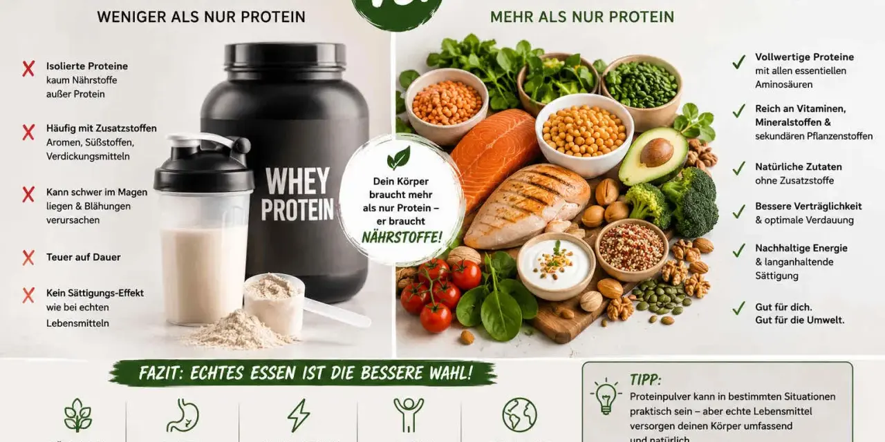 Vergleich von Proteinpulver und echten Lebensmitteln. Echte Lebensmittel bieten mehr Nährstoffe, wo Proteinpulver oft Zusatzstoffe enthält. Proteine vorkommen in vielen gesunden Lebensmitteln.