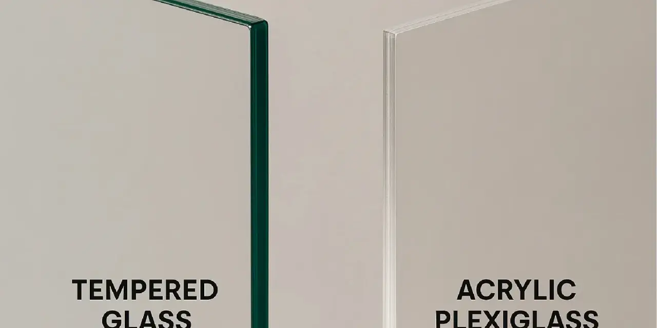 Close-up of tempered glass and acrylic plexiglass edges. Acrylic plexiglass is used for displays, barriers, and signage due to its durability.