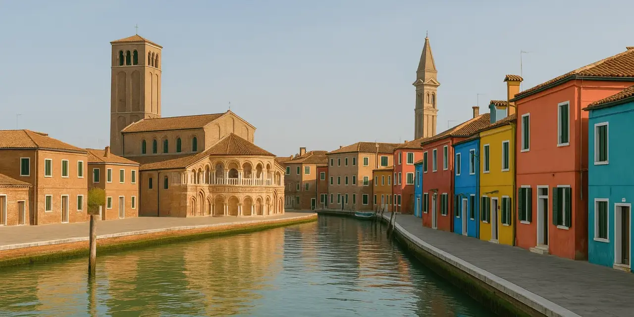 Canale di Burano con case colorate e chiese antiche, un luogo dove l'artigianato di Venezia vive ancora.