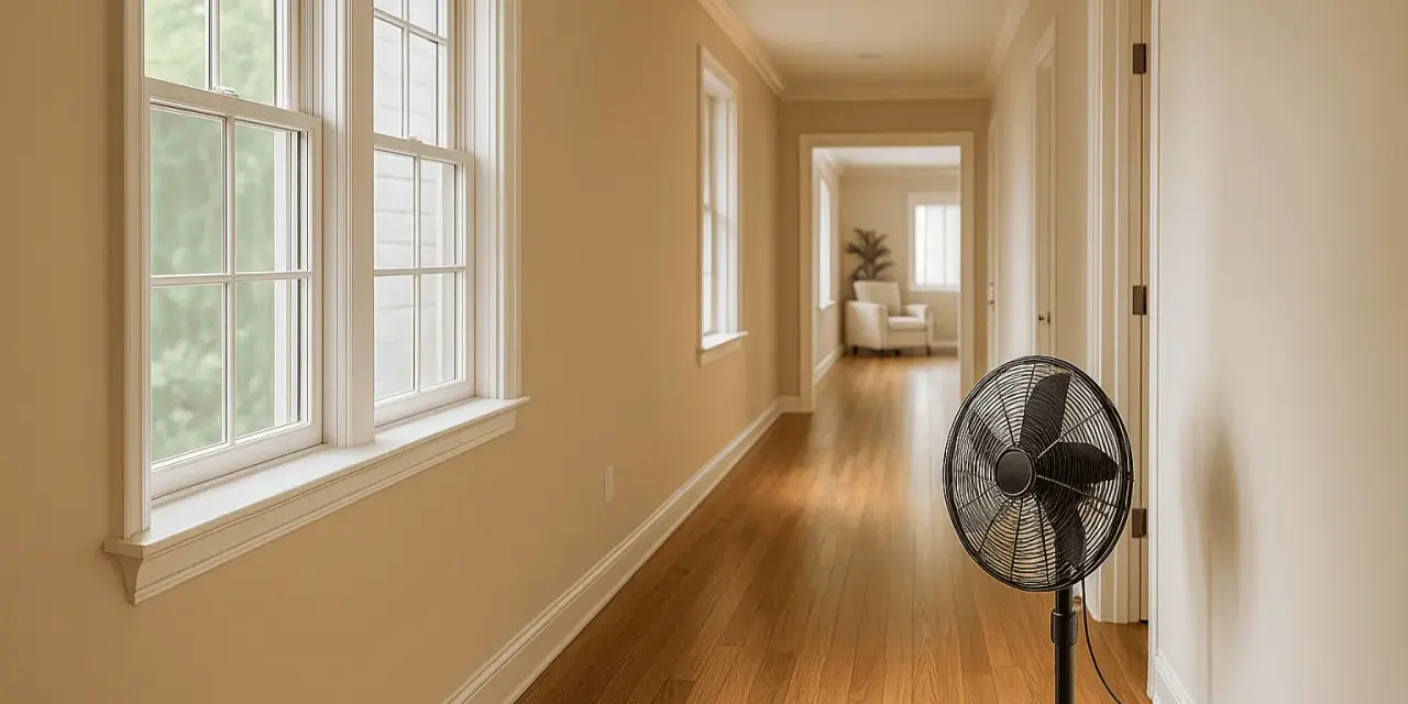 Ventilador negro en pasillo, creando una zona de ventilación. Ventanas a la izquierda, puertas a la derecha.
