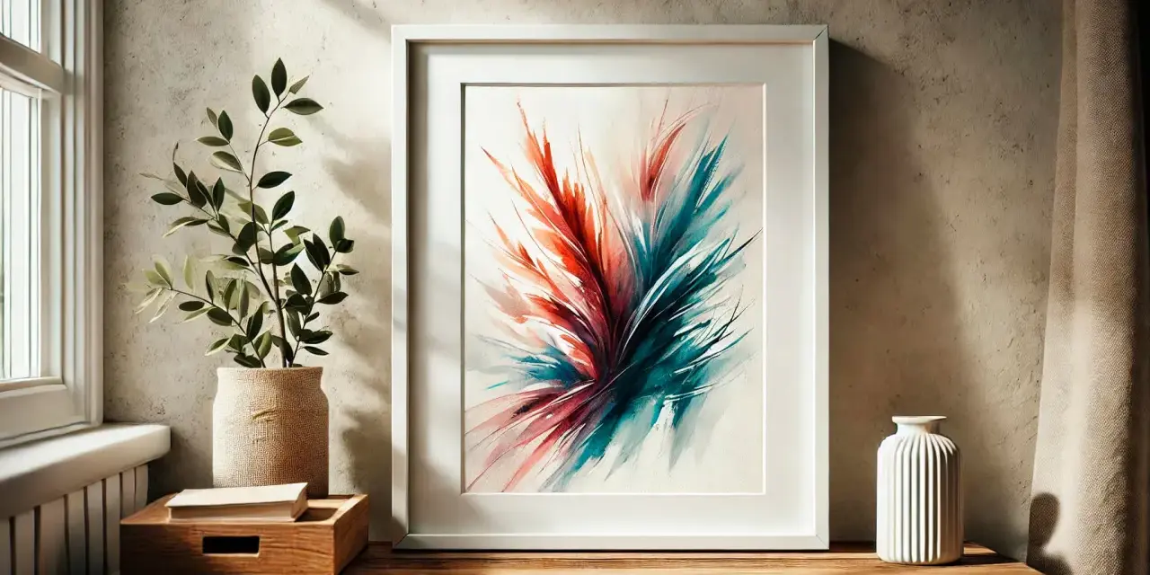 Lienzo abstracto enmarcado en blanco, con tonos rojos y turquesas. Ideas para como enmarcar un lienzo y decorar tu espacio.