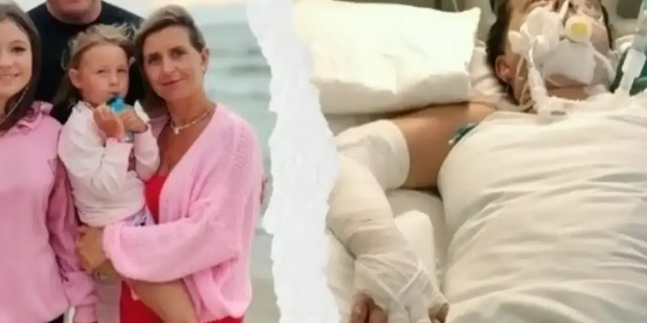 Rodzina wspiera bohaterkę oziminy Berenta. Po lewej uśmiechnięta rodzina na plaży, po prawej kobieta w szpitalnym łóżku, podłączona do aparatury.