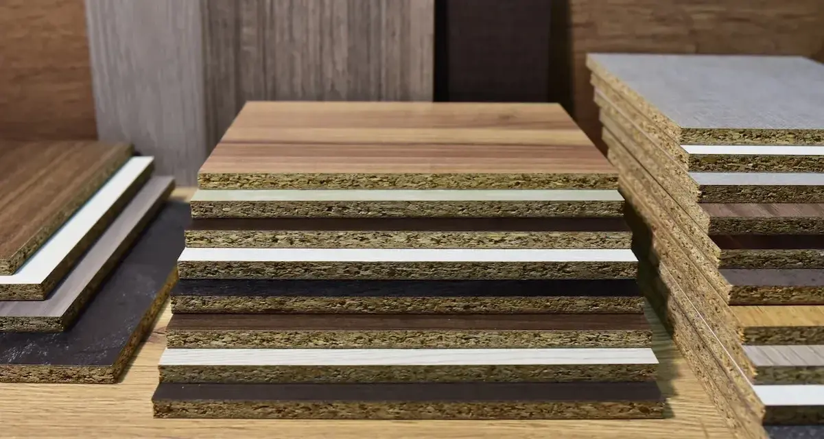 Campioni di laminato plastico con diverse finiture effetto legno e colori solidi, impilati su un piano di legno.