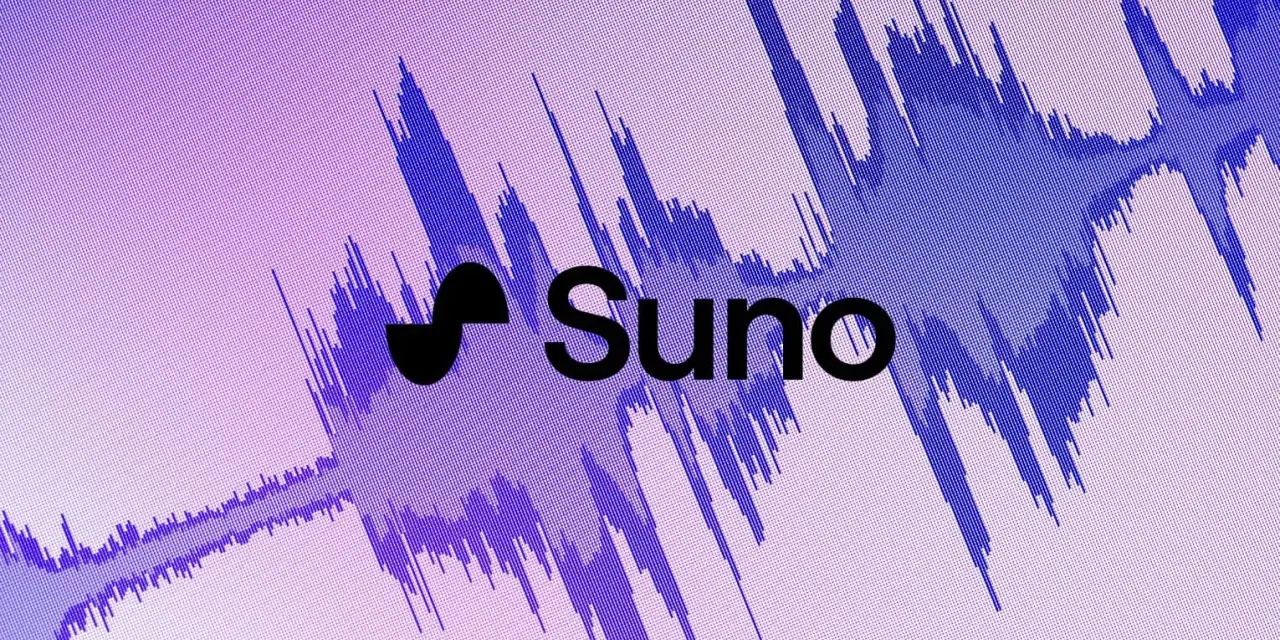 Logo Suno na tle fioletowej fali dźwiękowej. Słyszysz ten sus sound?