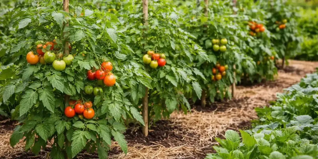Filari di piante di pomodoro cariche di frutti verdi e rossi, pronte per essere raccolte. Un'immagine che evoca la gioia di quando si piantano i pomodori e si attende il raccolto.