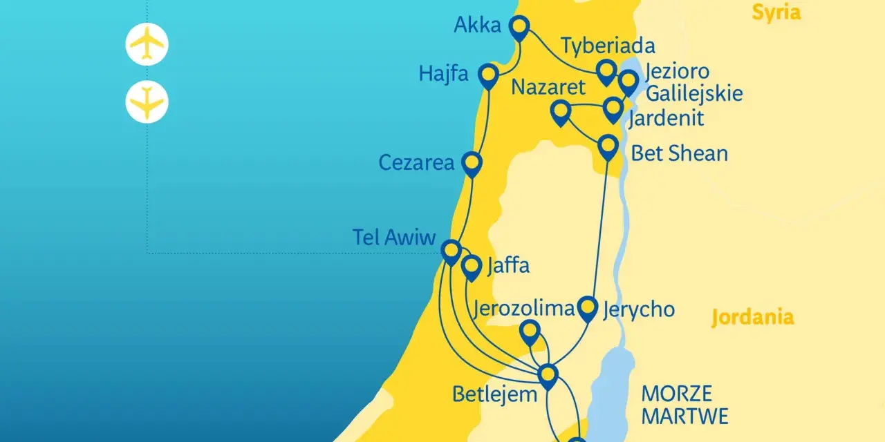Mapa Izraela z zaznaczonym Nazaretem, Tyberiadą i Jerozolimą. Pokazuje, gdzie leży Nazaret, blisko Jeziora Galilejskiego.