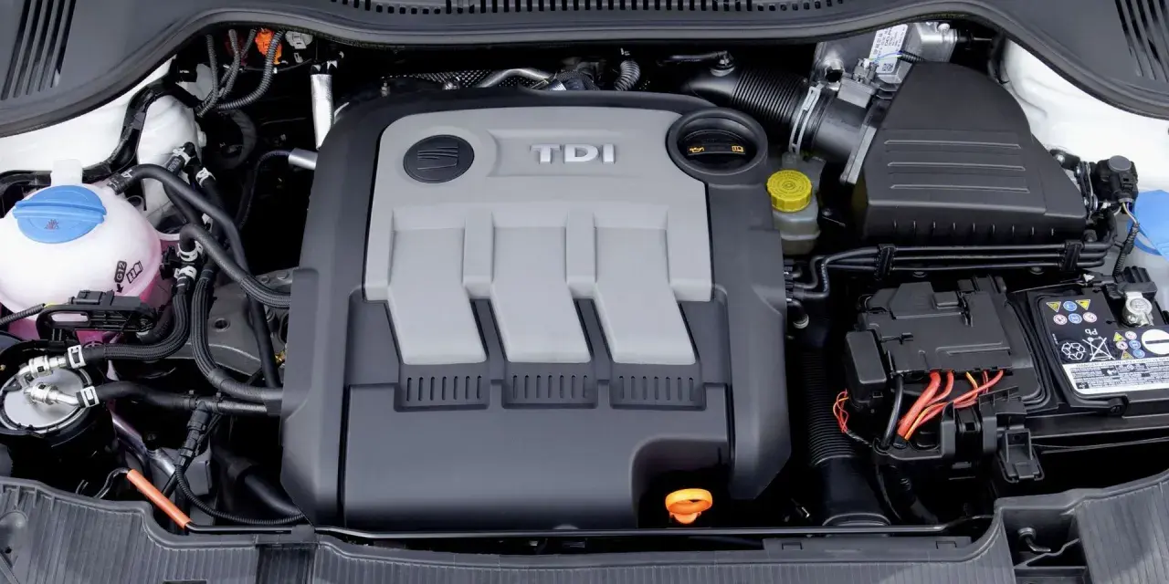 Silnik 1.4 TDI z widocznym osprzętem, akumulatorem i płynem chłodniczym.