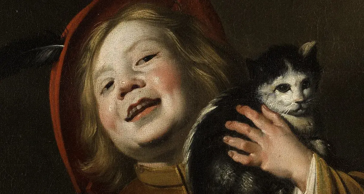 Dziecko w czerwonym kapeluszu z piórkiem, trzymające czarno-białego kota. Obraz Judith Leyster.