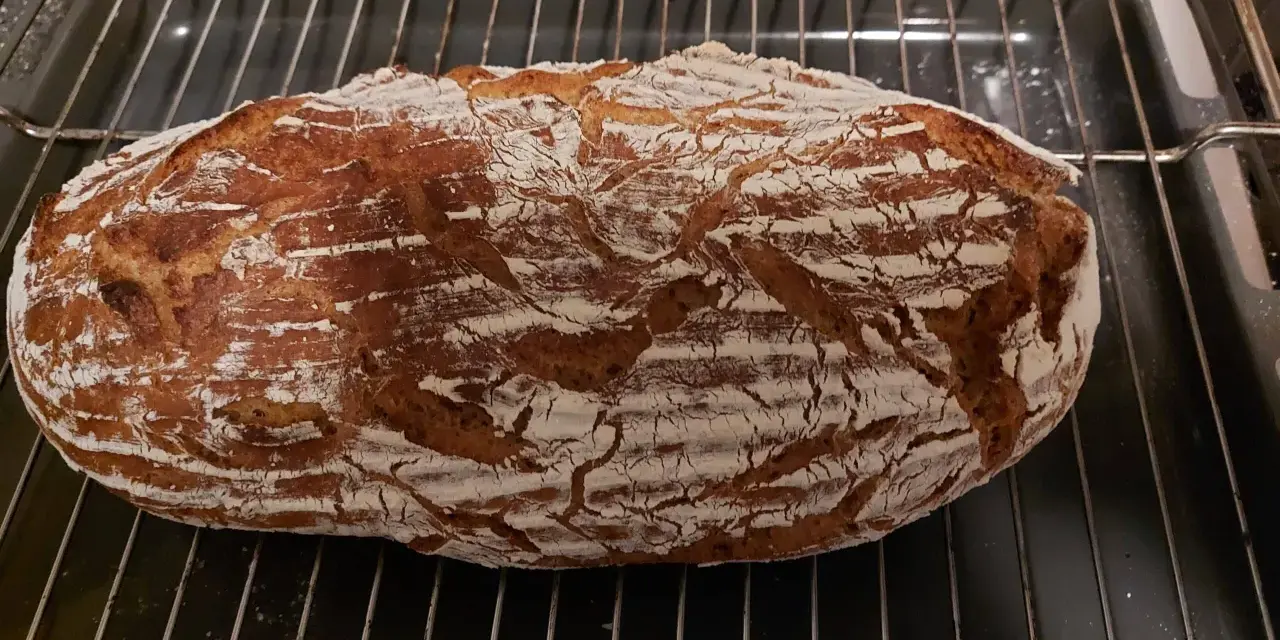 Frisch gebackenes Sauerteigbrot mit knuspriger Kruste auf einem Rost. Perfekt, um Hefe durch Sauerteig zu ersetzen!