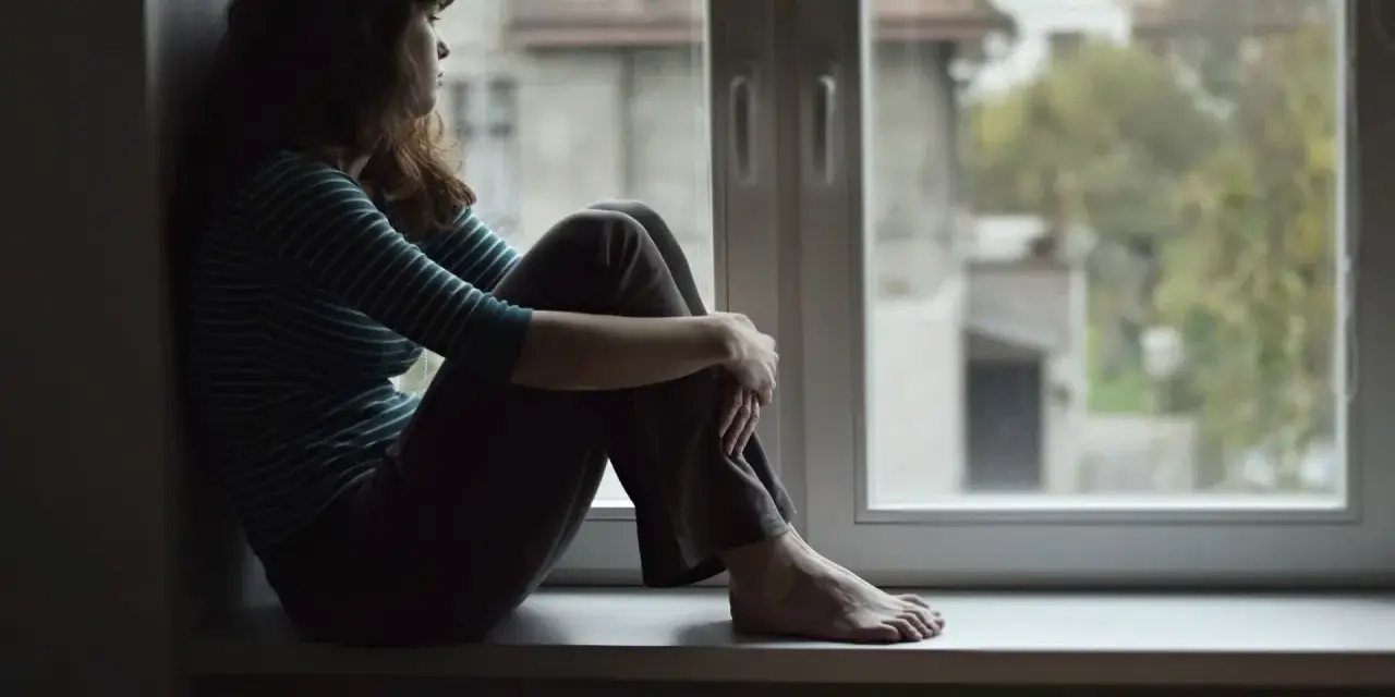 Dziewczyna siedzi na parapecie, patrząc przez okno. Czy to melancholia co to? Smutek i zaduma w jej oczach.